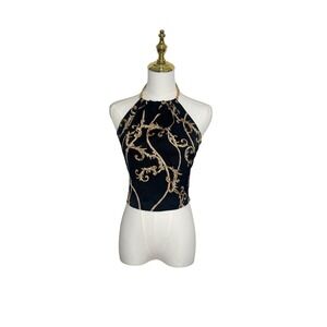 Rachel Zoe Halter Top Chain Strap Baroque Print Party Black Gold Size M #1161‎